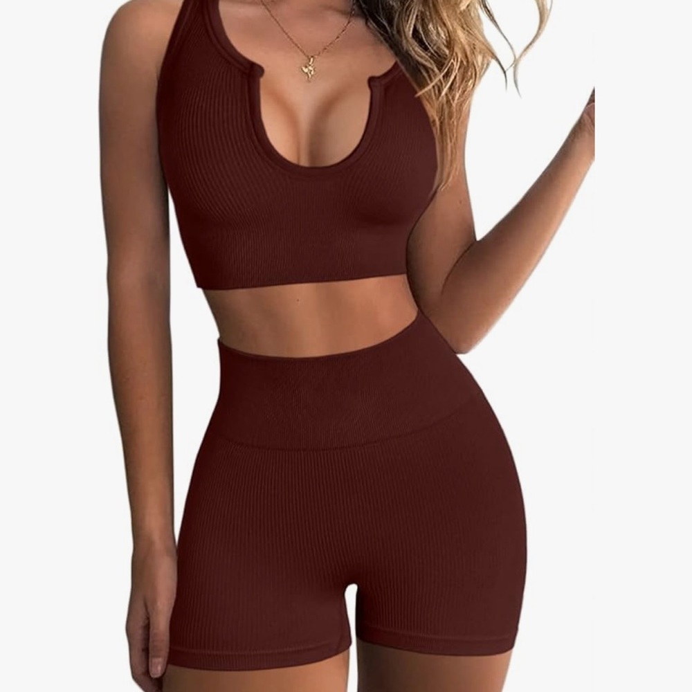 Brown Ribbed Workout Two-Piece Set
